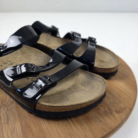 Birki's Sandals Womens Size 8 Black Patent Triple Strap Cork Footbed Shoes - Picture 6 of 13